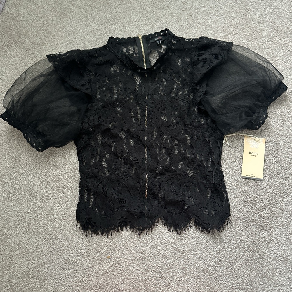 Black lace crop top with puff sleeves